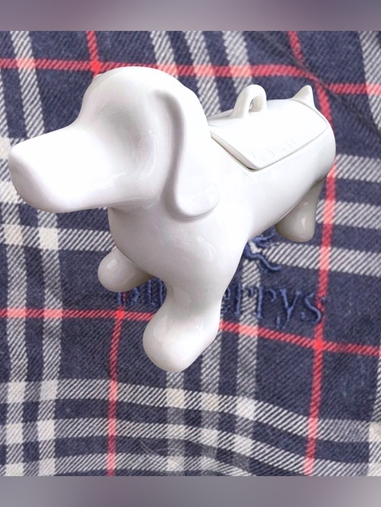 Other - Puppy Dog dish with lid. White Ceramic Dachshund 13” x 4”